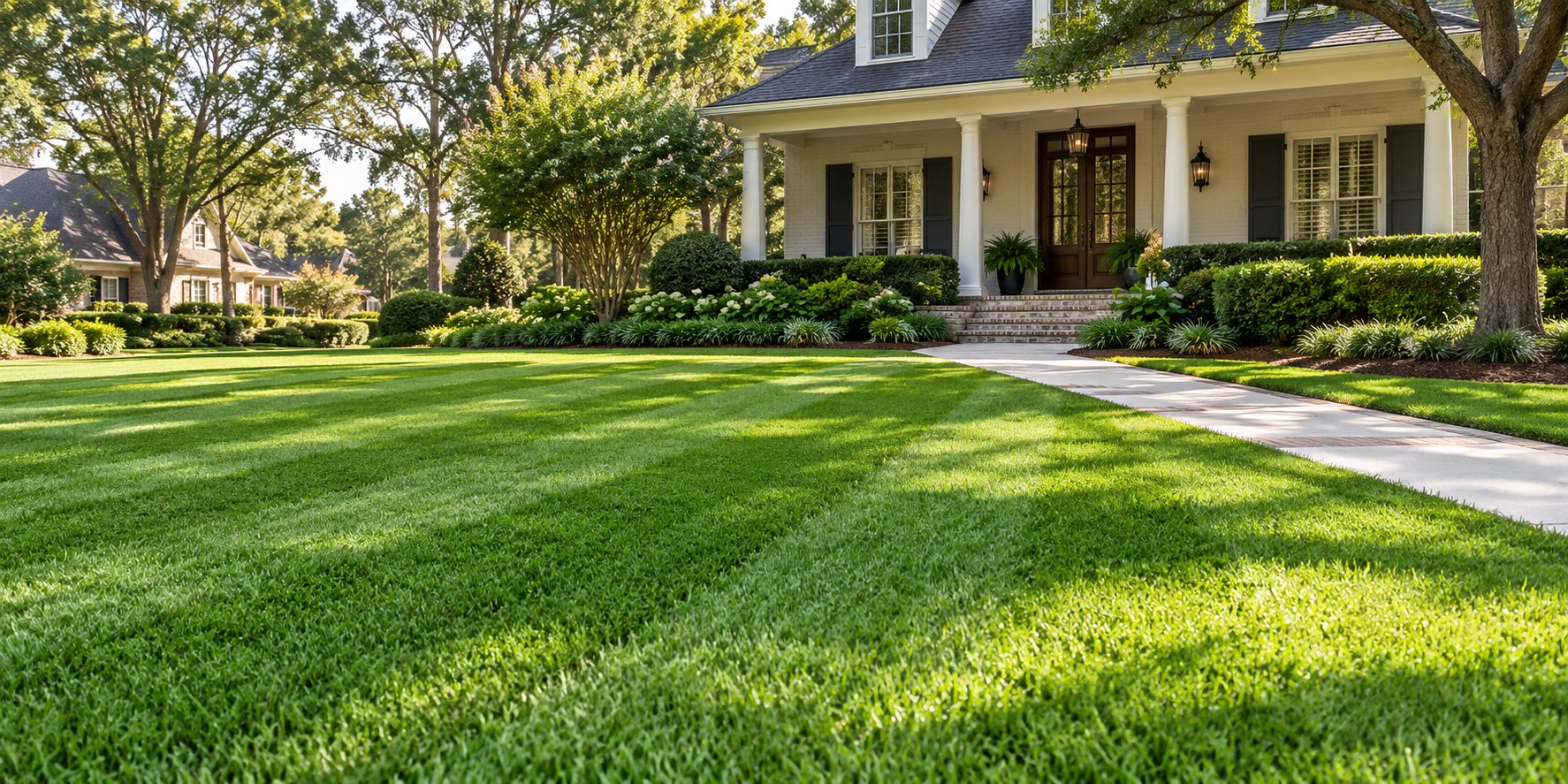 Neatly mowed green lawn with a tidy walkway and trimmed hedges
